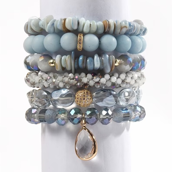 Bohemian Blue Beaded Multi-Layered Bracelet Set - Crystal Teardrop Charm - Picture 6 of 6